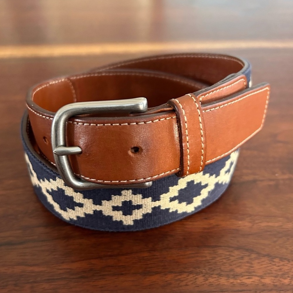 La Matera Corbina Belt Leather Woven Belt Navy Blue Aztec Geometric Size 34